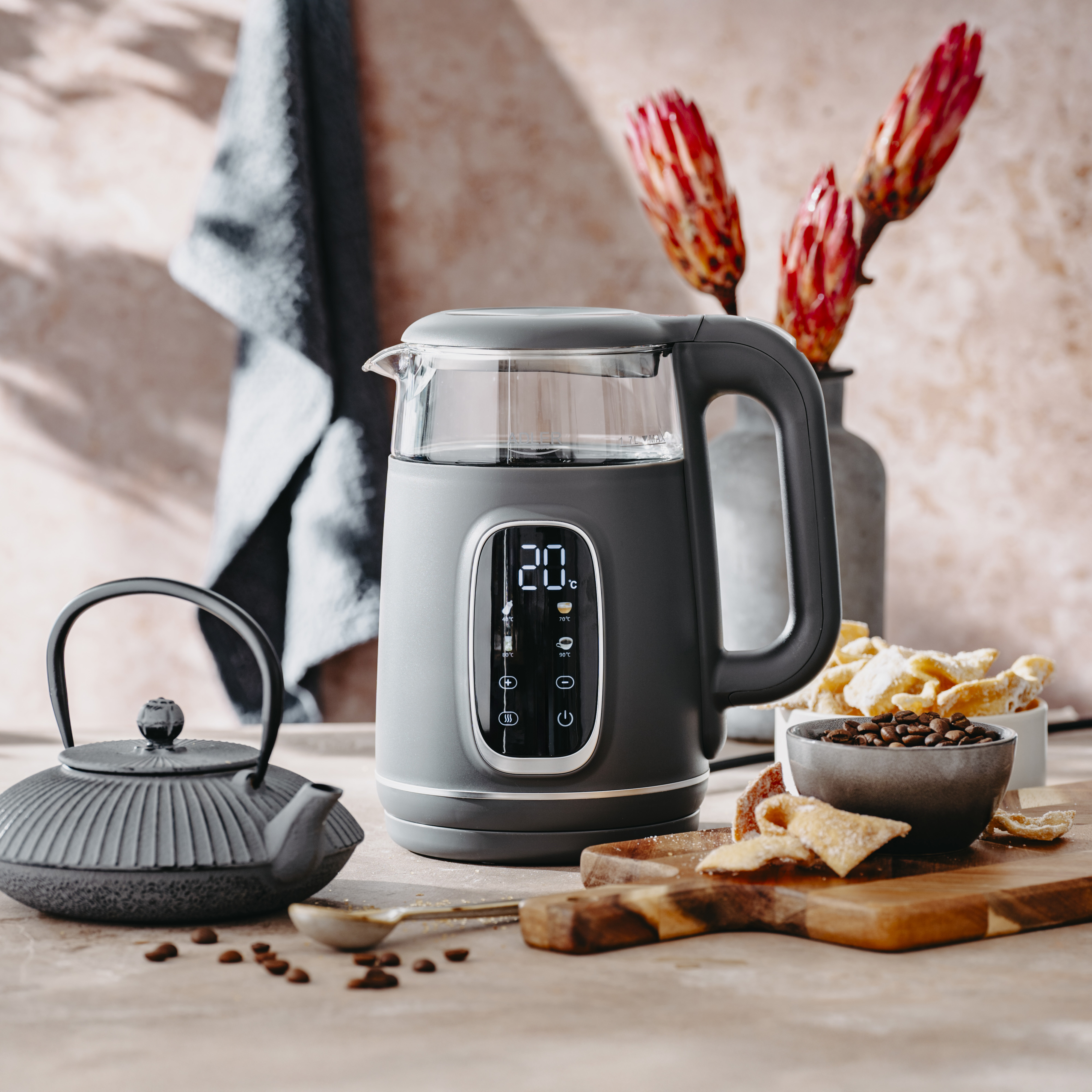 Adler Kettle with LED Display | AD 1305 | Electric | 2200 W | 1.7 L | Plastic | 360° rotational base | Grey