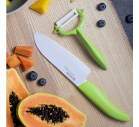 Kyocera FK140CP10NGR SANTOKU KNIFE &amp; PEELER Rinkinys, peilis (14 cm ašmenys) ir skustukas, Žalia
