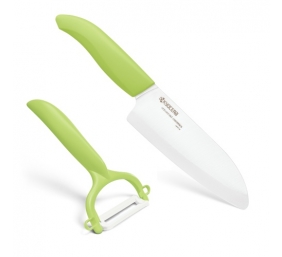 Kyocera FK140CP10NGR SANTOKU KNIFE &amp; PEELER Rinkinys, peilis (14 cm ašmenys) ir skustukas, Žalia