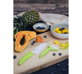 Kyocera FK140CP10NGR SANTOKU KNIFE &amp; PEELER Rinkinys, peilis (14 cm ašmenys) ir skustukas, Žalia