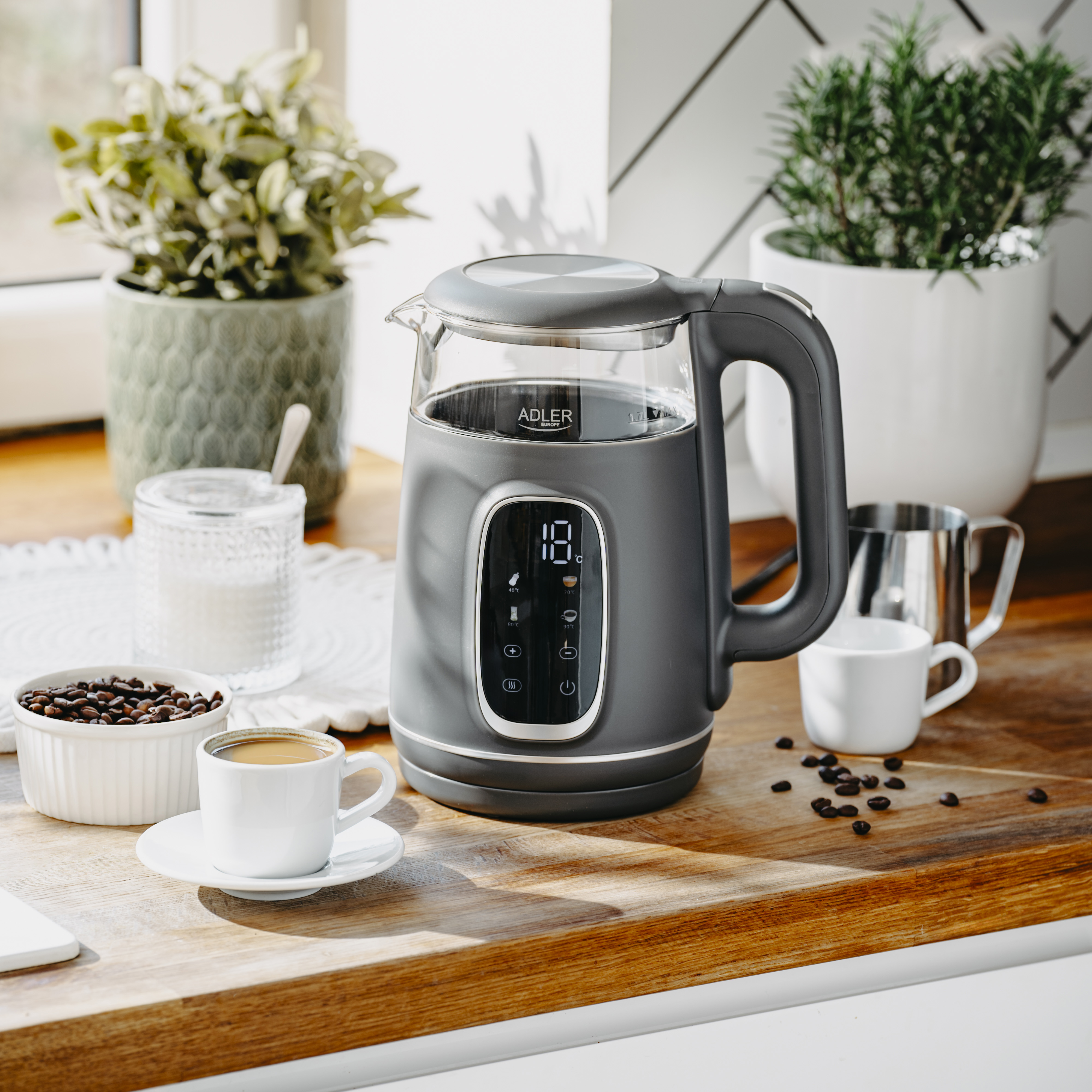 Adler Kettle with LED Display | AD 1305 | Electric | 2200 W | 1.7 L | Plastic | 360° rotational base | Grey
