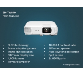 Epson EH-TW840 Projektorius 3LCD FHD 1920x1080, 4000 lumens, USB, Balta