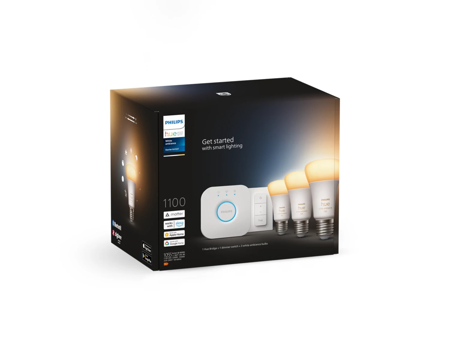 WA Starter Kit 11W A60 E27 3pcs, Bridge, Switch | E27 | 11 W | Warm to cool white 2200-6500K + 16 million colors | Bluetooth and Zigbee
