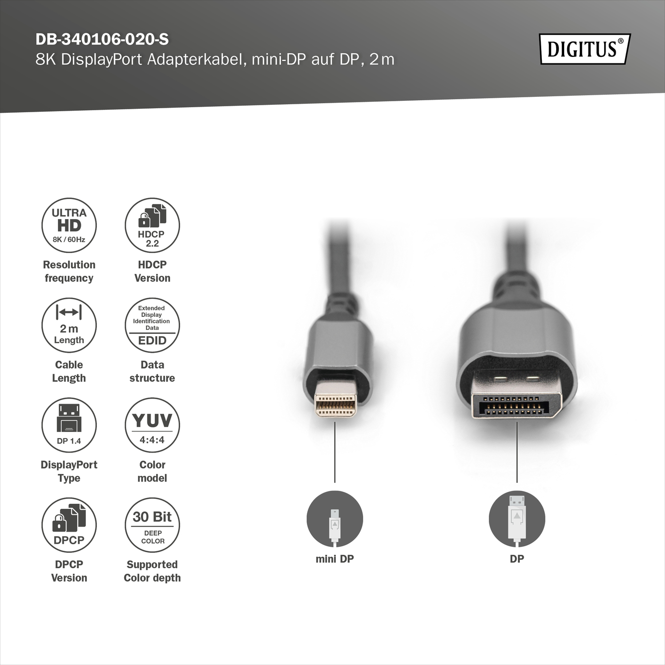 Digitus 8K DisplayPort Adapter Cable, Mini DP to DP, 2 m | DB-340106-020-S | DisplayPort to DisplayPort