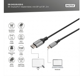 Digitus 8K DisplayPort Adapter Cable, Mini DP to DP, 2 m | DB-340106-020-S | DisplayPort to DisplayPort