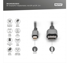 Digitus 8K DisplayPort Adapter Cable, Mini DP to DP, 2 m | DB-340106-020-S | DisplayPort to DisplayPort