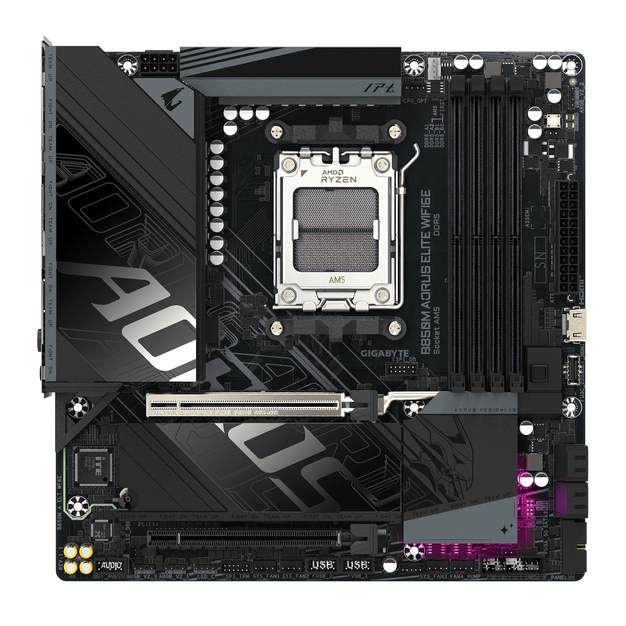 Gigabyte B850M A ELT WF6E | Processor family AMD | Processor socket AM5 | DDR5 | Supported hard disk drive interfaces SATA, M.2 | Number of SATA connectors 4