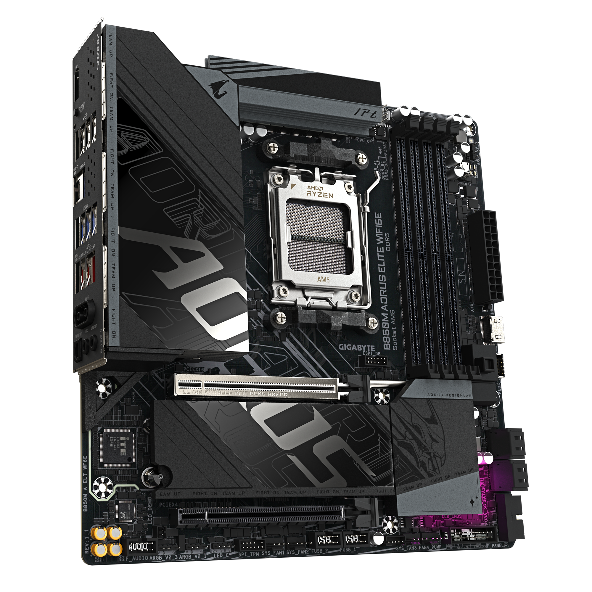 Gigabyte B850M A ELT WF6E | Processor family AMD | Processor socket AM5 | DDR5 | Supported hard disk drive interfaces SATA, M.2 | Number of SATA connectors 4