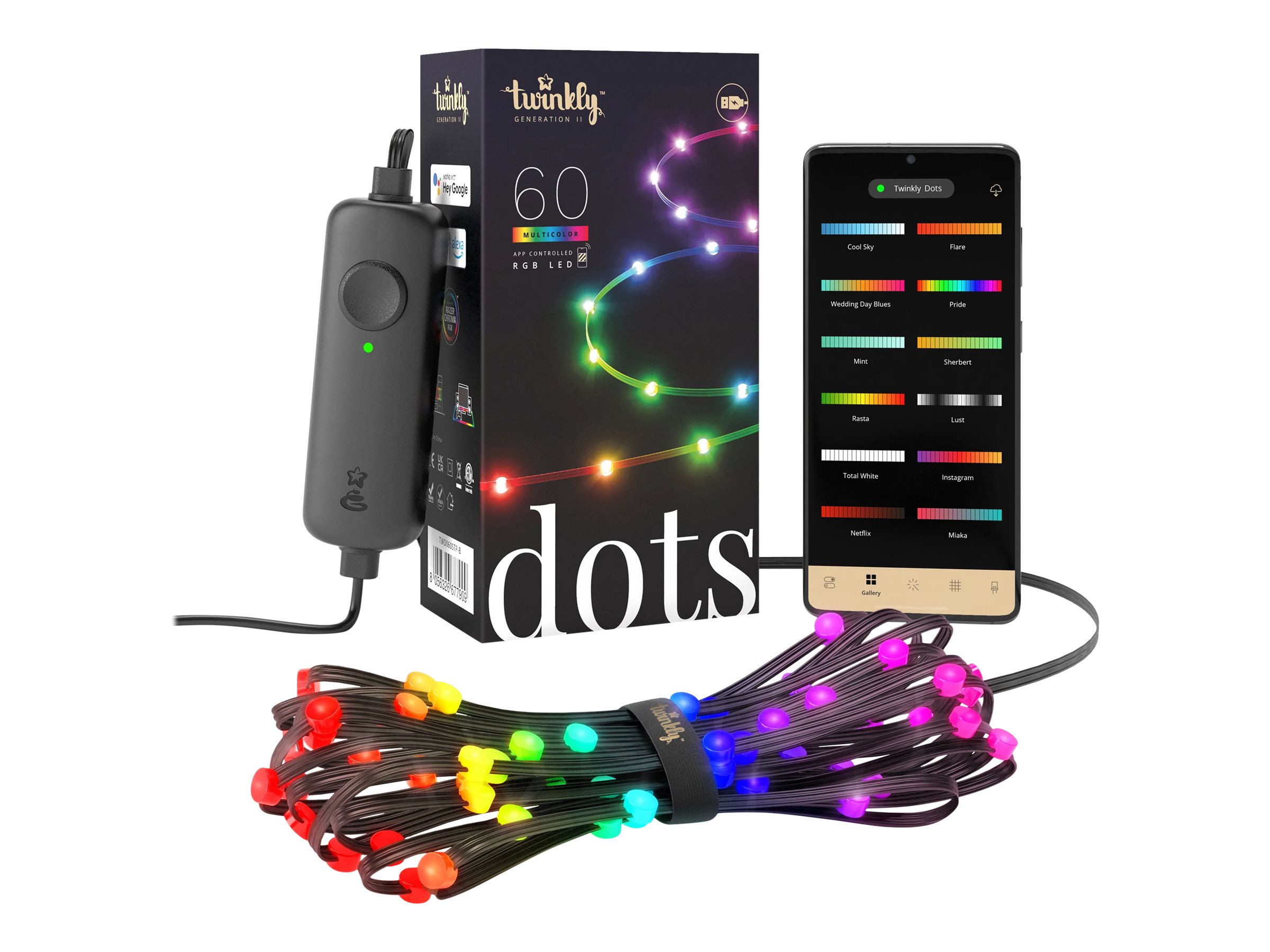 Twinkly|Dots Smart LED Lights 60 RGB (Multicolor), USB Powered, 3m, Black|RGB – 16M+ colors