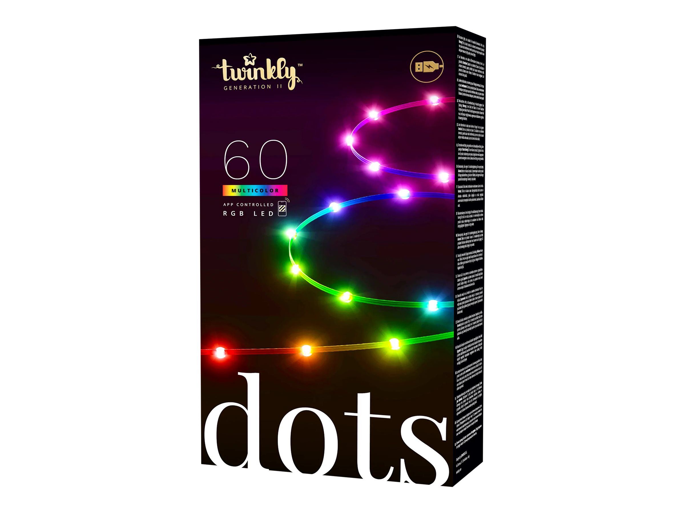 Twinkly|Dots Smart LED Lights 60 RGB (Multicolor), USB Powered, 3m, Black|RGB – 16M+ colors