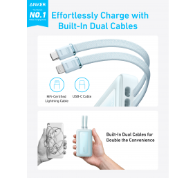 Anker Power Bank with Built-In USB-C and + Lighting Cable | A1680031 | 10000 mAh | 30W Output | Blue