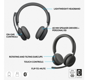 Logitech Zone Wireless 2 MS Teams Belaidės ausinės, USB-C, USB-C Bluetooth receiver, Graphite
