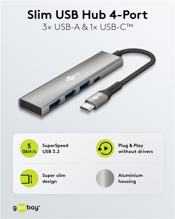Goobay Slim 4-Port USB Hub, USB-C to USB-C/USB-A, 5 Gbit/s | 76562