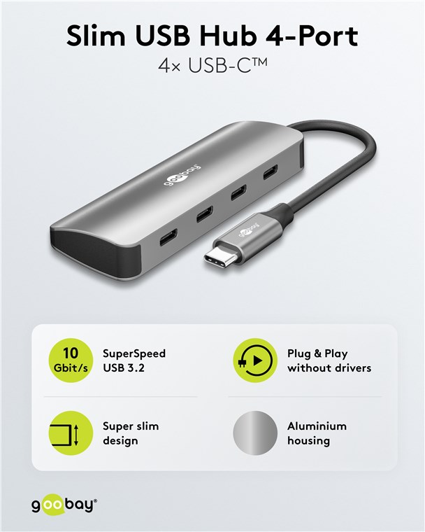 Goobay Slim 4-Port USB-Hub, USB-C auf USB-C, 10 Gbit/s, Grey | 76565