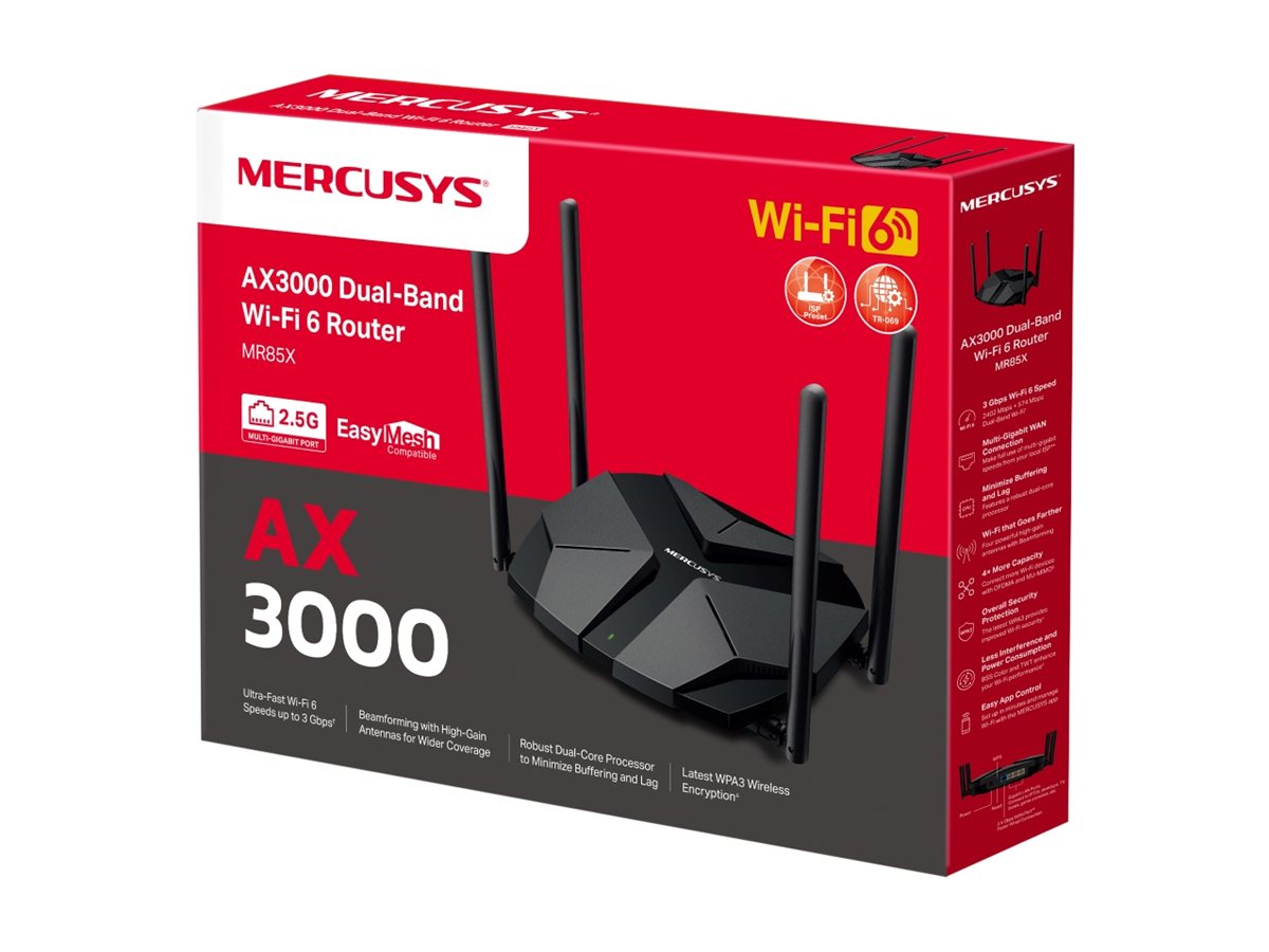 Mercusys AX3000 Dual-Band Wi-Fi 6 Router | MR85X | 802.11ax | Ethernet LAN (RJ-45) ports 3 | Mesh Support Yes | MU-MiMO No | No mobile broadband