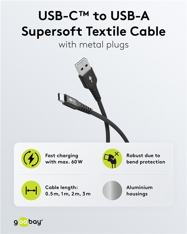 Goobay USB-C to USB-A Supersoft Textile Cable with Metal Plugs | 74526 | USB-C to USB-A