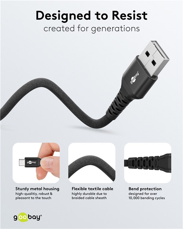 Goobay USB-C to USB-A Supersoft Textile Cable with Metal Plugs | 74526 | USB-C to USB-A