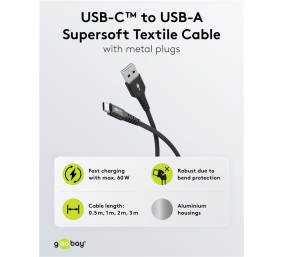 Goobay USB-C to USB-A Supersoft Textile Cable with Metal Plugs | 74526 | USB-C to USB-A
