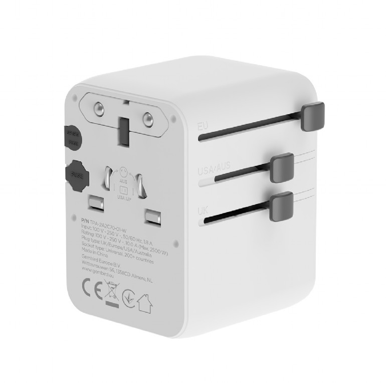Gembird Universal travel power adapter, 70 W | TPA-2A3C70-01-W