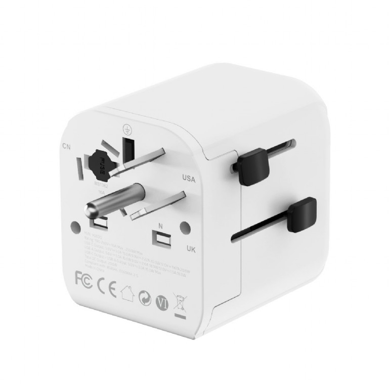 Gembird Grounded universal travel power adapter, 20 W | TPA-EU1A1C20-01-W