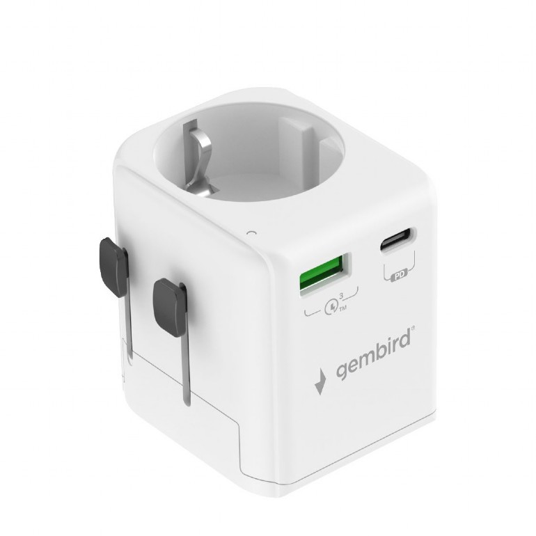 Gembird Grounded universal travel power adapter, 20 W | TPA-EU1A1C20-01-W