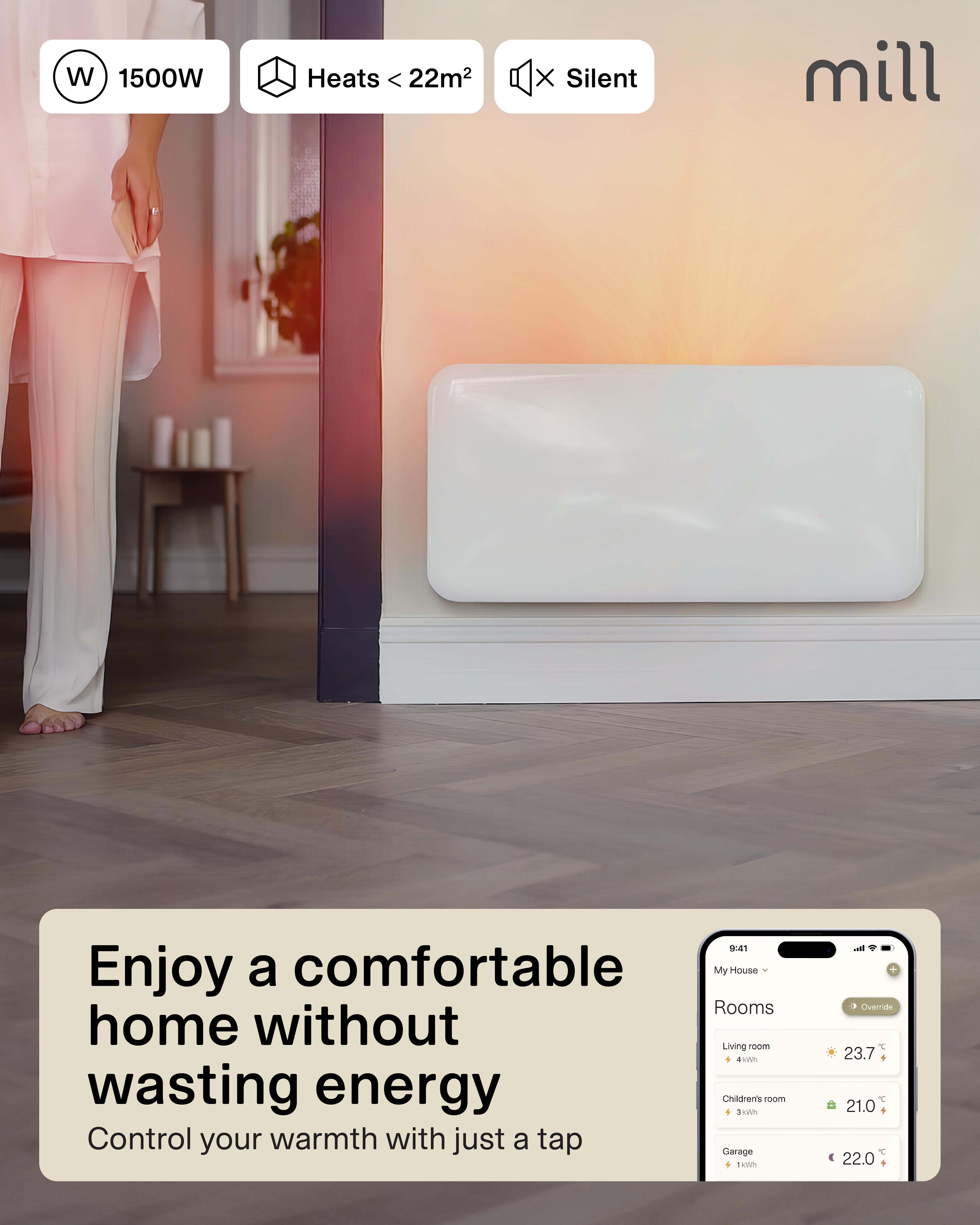 Mill WiFi Panel Heater | PA1500WIFI4A | Panel Heater | 1500 W | Suitable for rooms up to 22 m² | White | IPX4