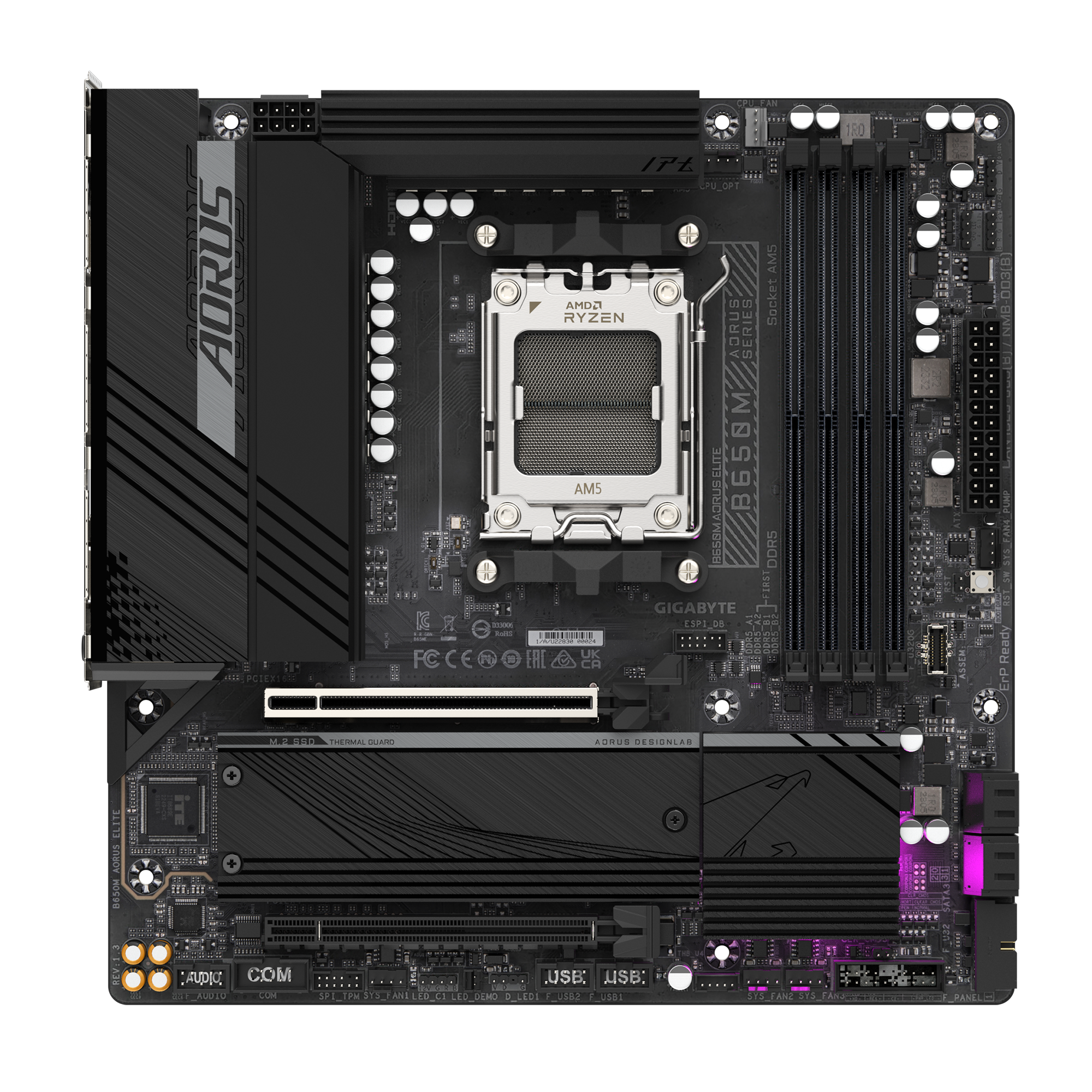 Gigabyte B650M AORUS ELITE (rev. 1.3) | Processor family AMD | Processor socket AM5 | DDR5 | Supported hard disk drive interfaces SATA, M.2 | Number of SATA connectors 4