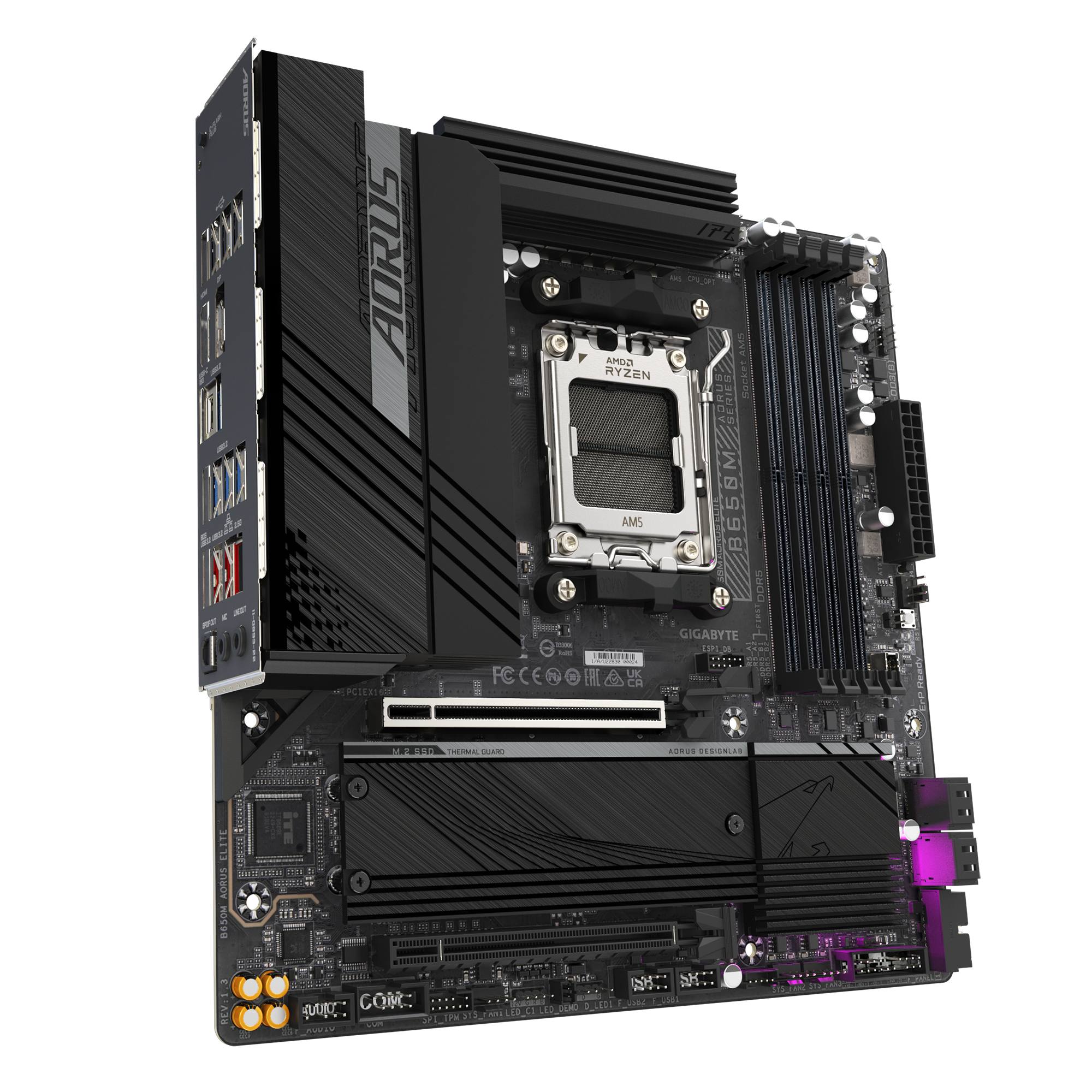 Gigabyte B650M AORUS ELITE (rev. 1.3) | Processor family AMD | Processor socket AM5 | DDR5 | Supported hard disk drive interfaces SATA, M.2 | Number of SATA connectors 4