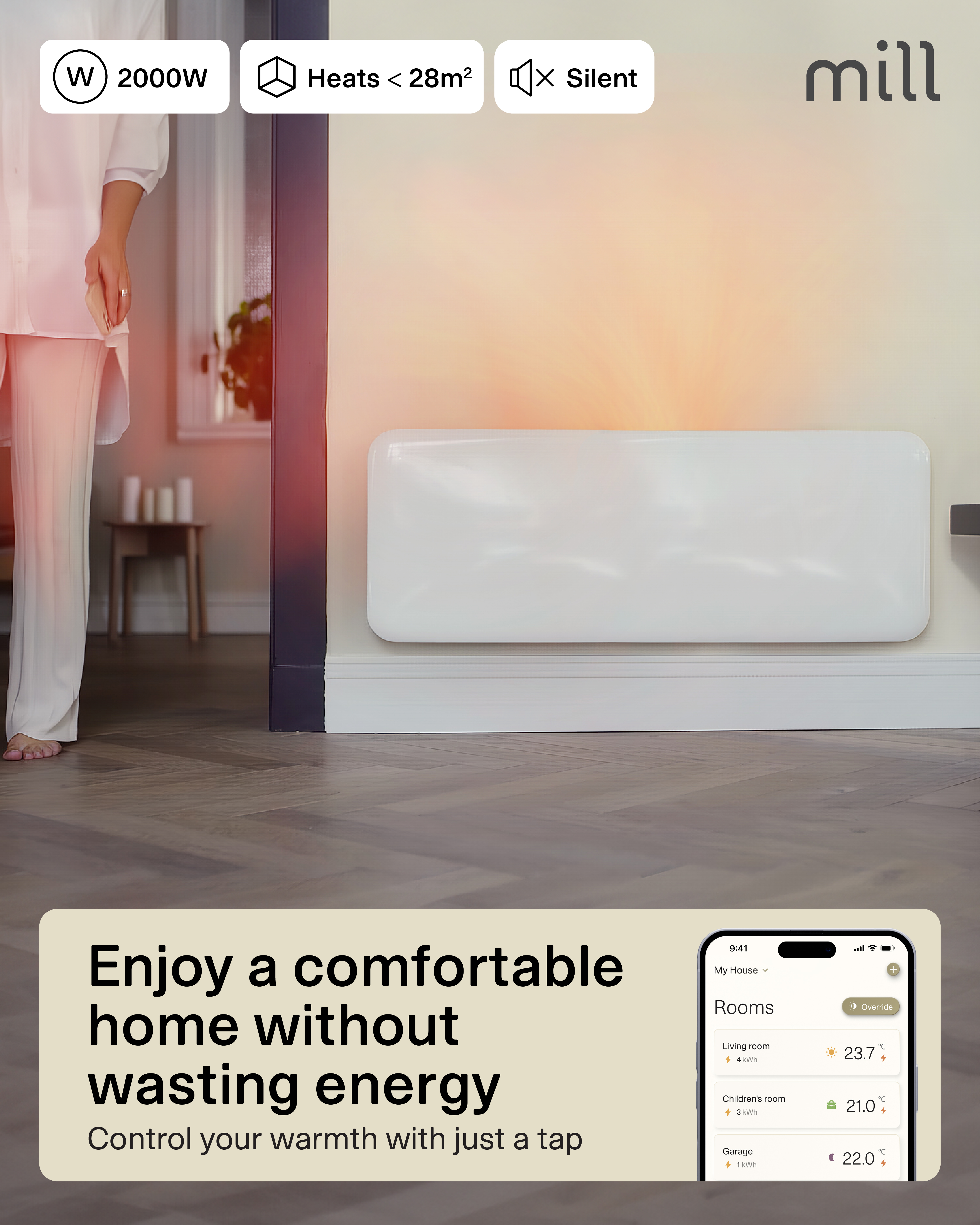 Mill Invisible Smart WiFi Heater | PA2000WIFI4 | Panel Heater | 2000 W | Suitable for rooms up to 24-28 m² | White | IPX4