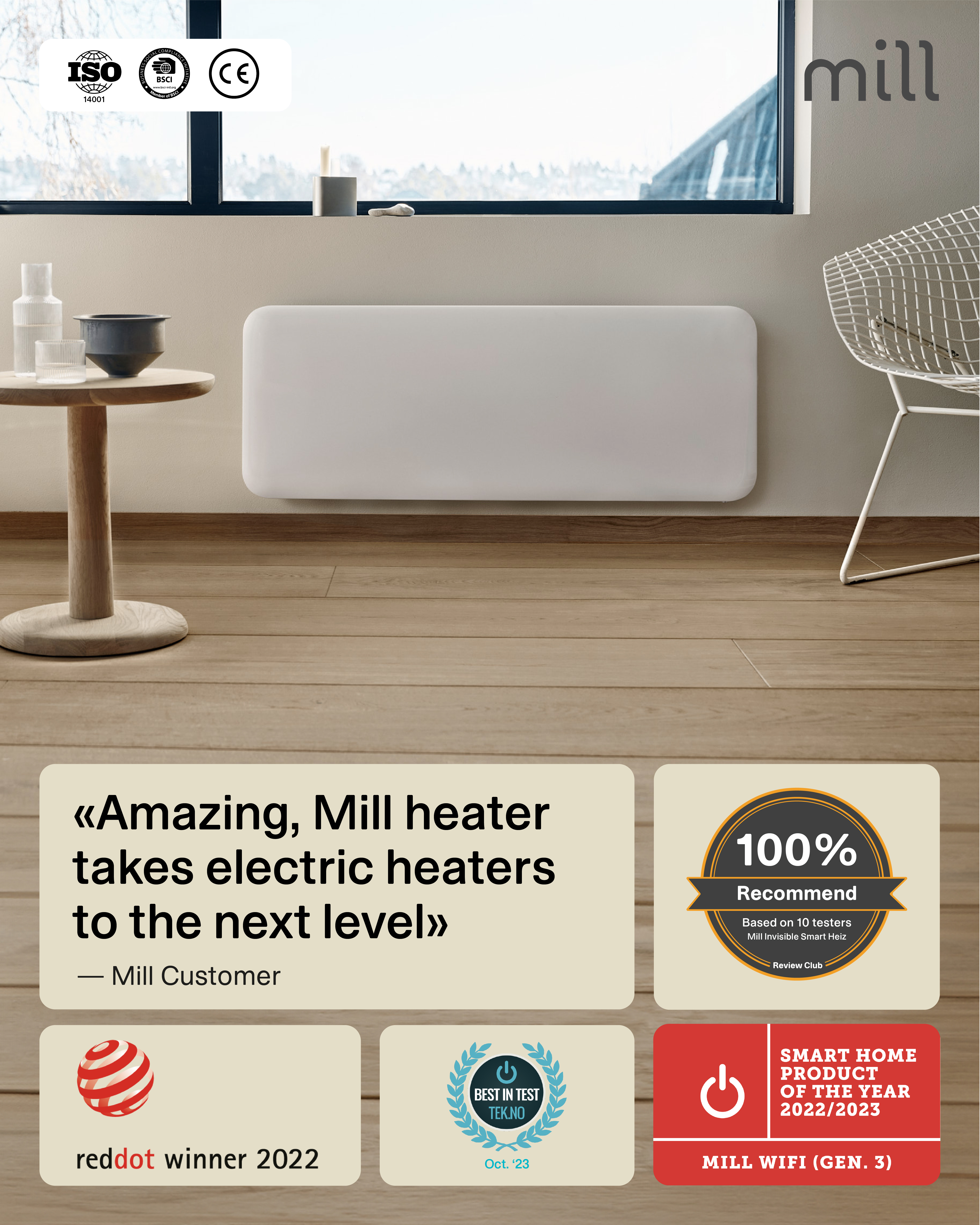 Mill Invisible Smart WiFi Heater | PA2000WIFI4 | Panel Heater | 2000 W | Suitable for rooms up to 24-28 m² | White | IPX4