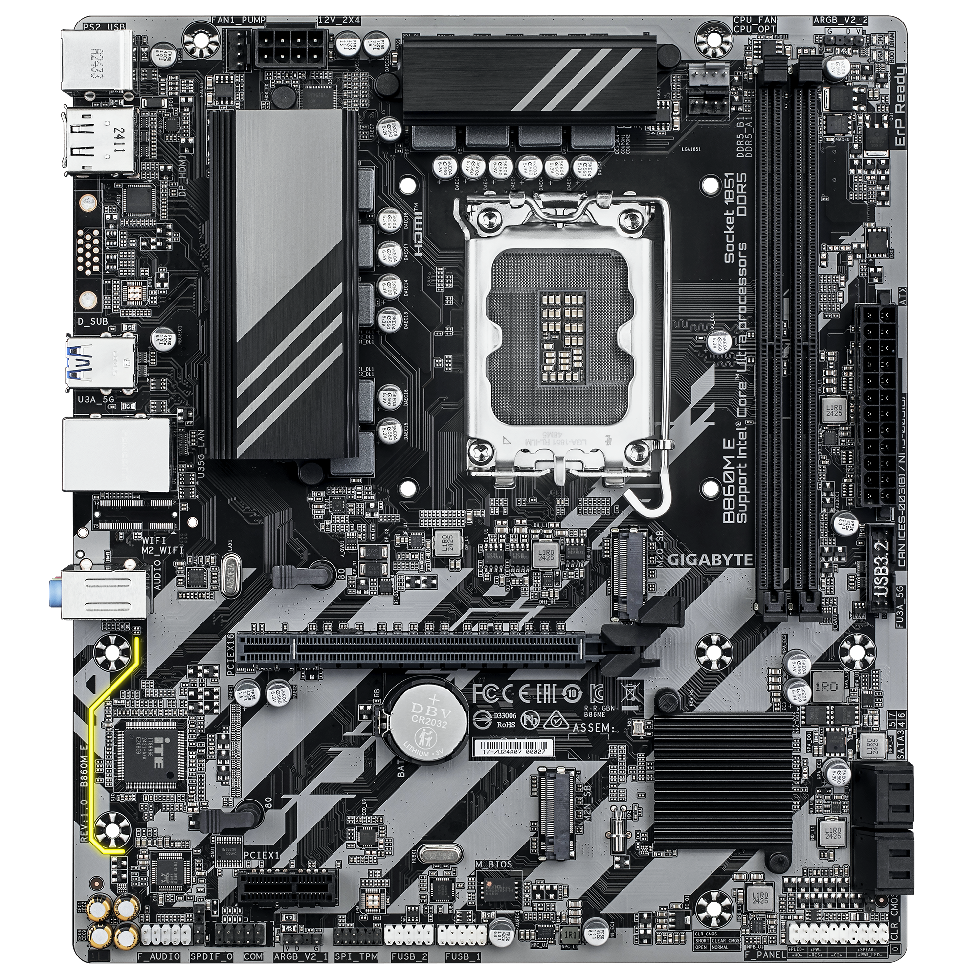 Gigabyte B860M E | Processor family Intel | Processor socket LGA1851 | DDR5 | Supported hard disk drive interfaces SATA, M.2 | Number of SATA connectors 4