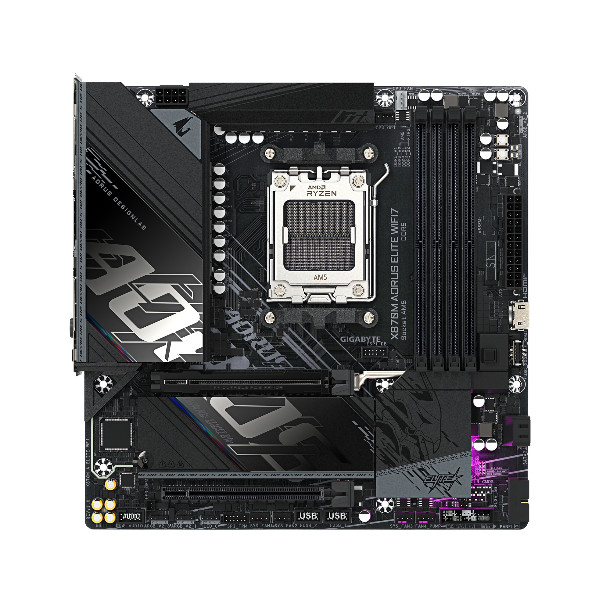 Gigabyte X870M AORUS ELITE WIFI7 | Processor family AMD | Processor socket AM5 | DDR5 | Supported hard disk drive interfaces SATA, M.2 | Number of SATA connectors 2