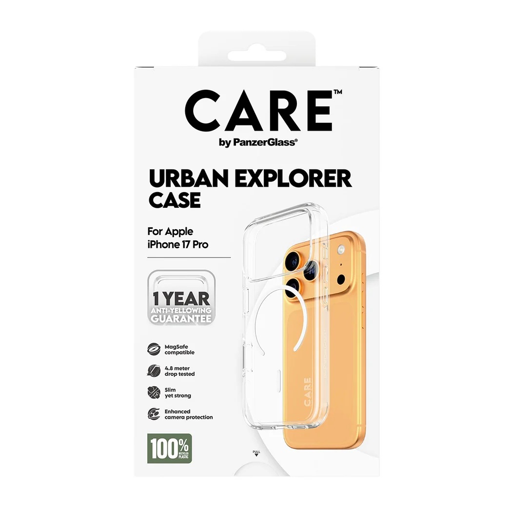PanzerGlass Flagship Case | Back cover | Apple | iPhone 17 Pro | Recycled plastic | Transparent | Urban Explorer w. White MagSafe