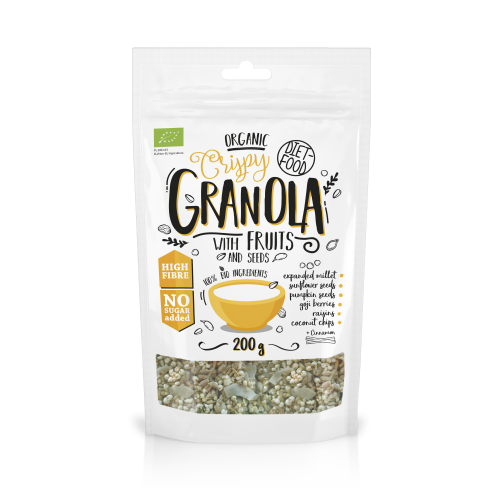 GRANOLA su vaisiais ir sėklomis ekologiški traškūs dribsniai 200g PL-EKO-03