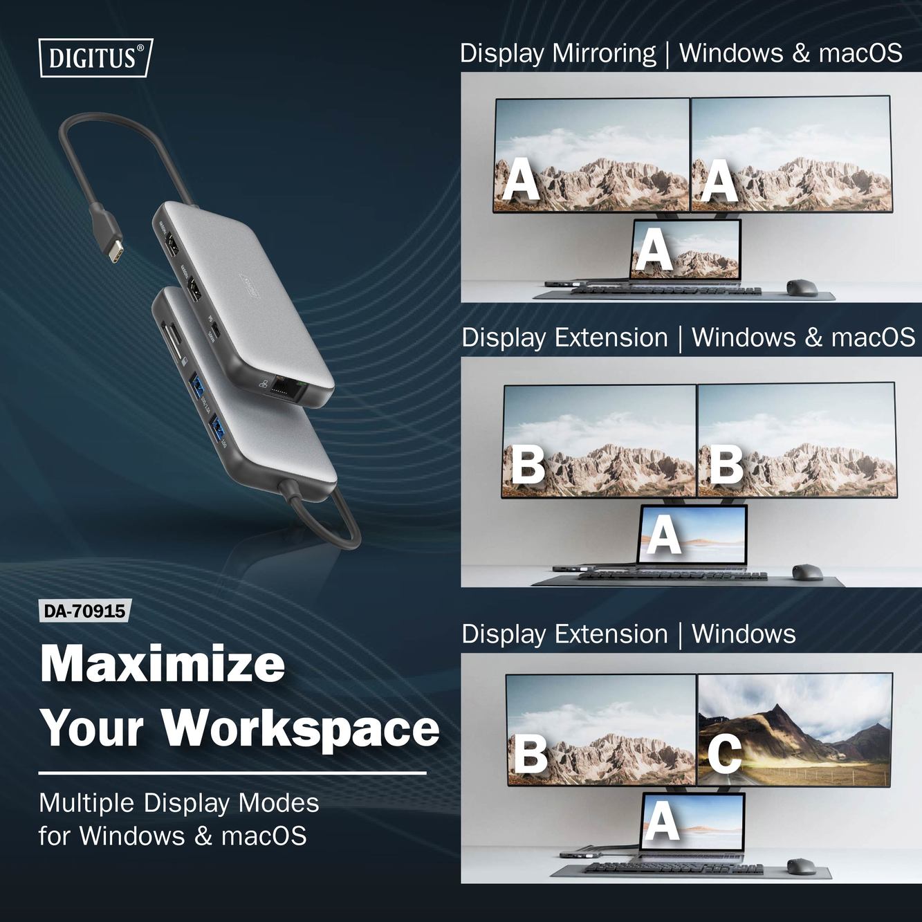 Digitus USB-C docking station, 8-port | DA-70915 | Ethernet LAN (RJ-45) ports 1 | HDMI ports quantity 2