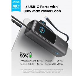 Anker Zolo Powerbank | A1695H11 | 25000 mAh | Built-In USB-C and Retractable Cable) | Grey