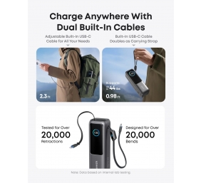 Anker Zolo Powerbank | A1695H11 | 25000 mAh | Built-In USB-C and Retractable Cable) | Grey