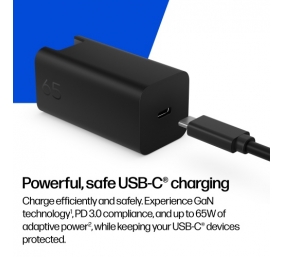 HP C90CKUT Nešiojamo kompiuterio įkroviklis 65W GaN, USB-C, EU, Juoda