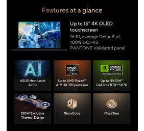 Asus ProArt P16 H7606WP-SR231X | Nano Black | 16 " | OLED | Touchscreen | 3K | 2880 x 1800 pixels | 120 Hz | Glossy | AMD Ryzen AI 9 | HX 370 | 64 GB | LPDDR5X | Solid-state drive capacity 2000 GB | NVIDIA GeForce RTX 5070 | GDDR7 | 8 GB | Windows 11 Pro 