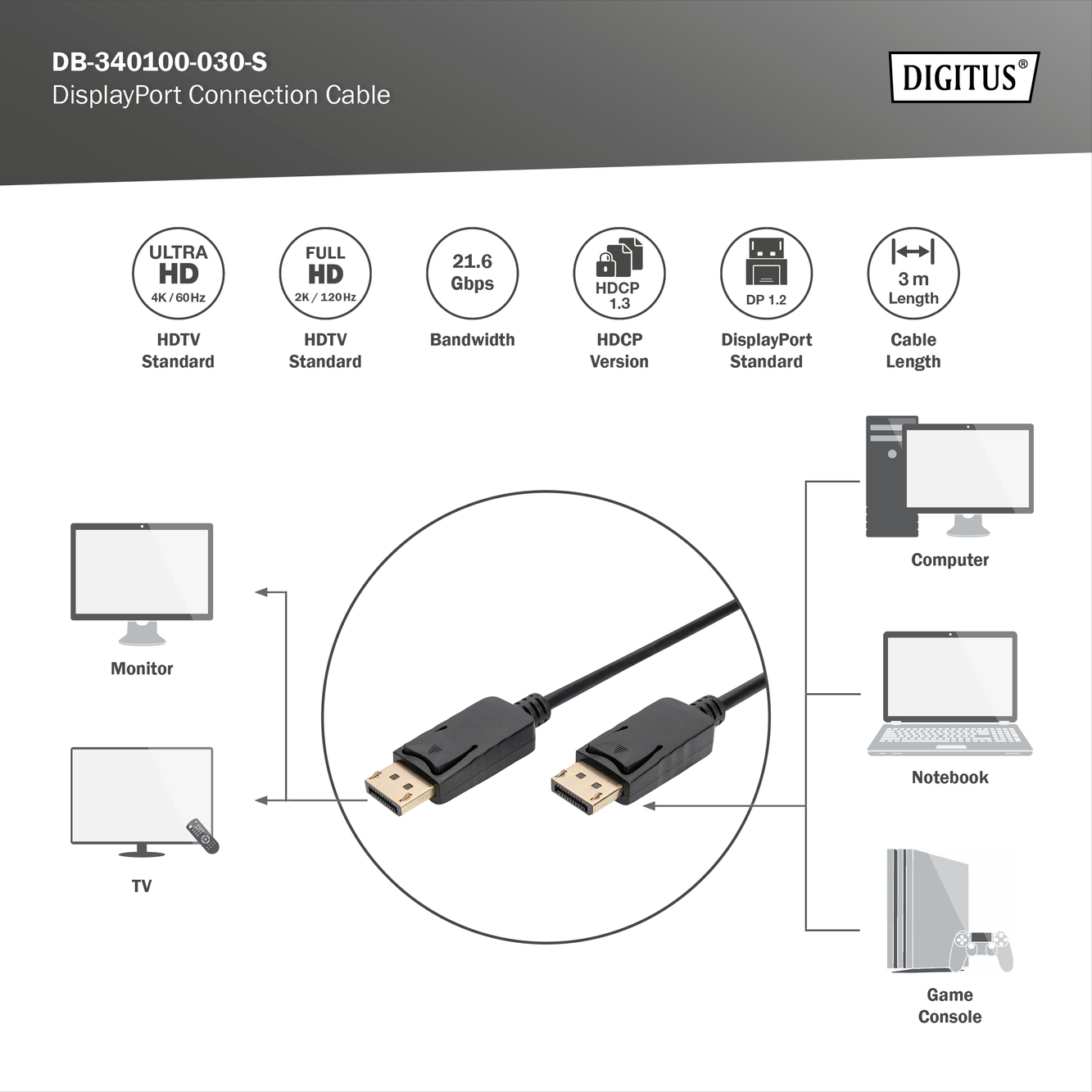 Digitus DisplayPort Connection Cable | DB-340100-030-S | 3 m