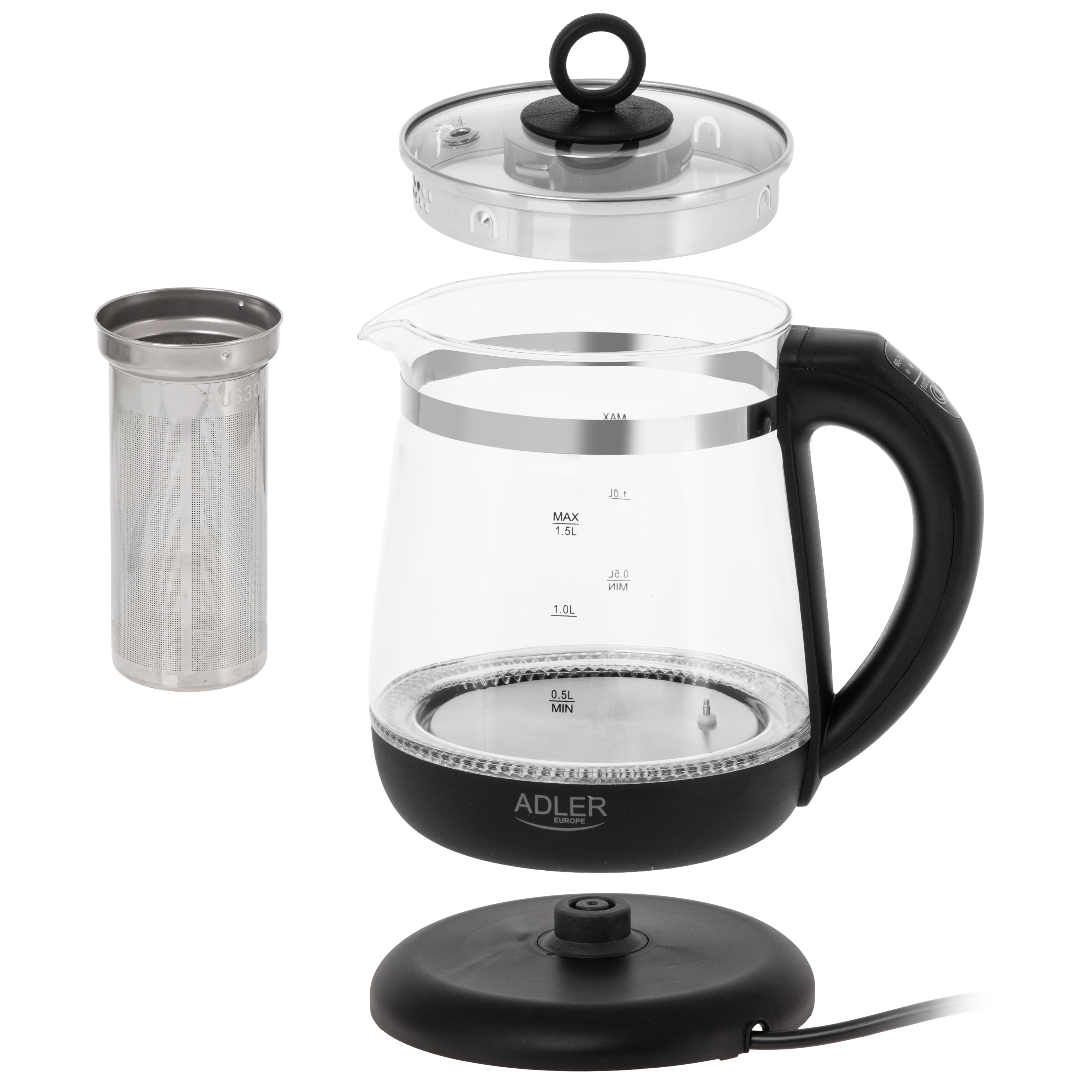 Adler Kettle | AD 1299 | Electric | 2200 W | 1.5 L | Glass | 360° rotational base | Black