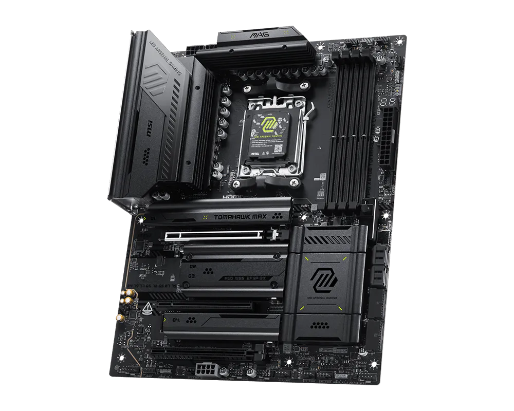 MSI MAG X870E TOMAHAWK MAX WIFI | Processor family AMD | Processor socket AM5 | DDR5 | Supported hard disk drive interfaces SATA, M.2 | Number of SATA connectors 4