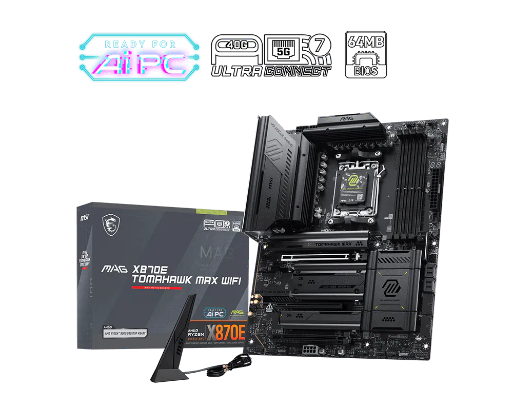 MSI MAG X870E TOMAHAWK MAX WIFI | Processor family AMD | Processor socket AM5 | DDR5 | Supported hard disk drive interfaces SATA, M.2 | Number of SATA connectors 4