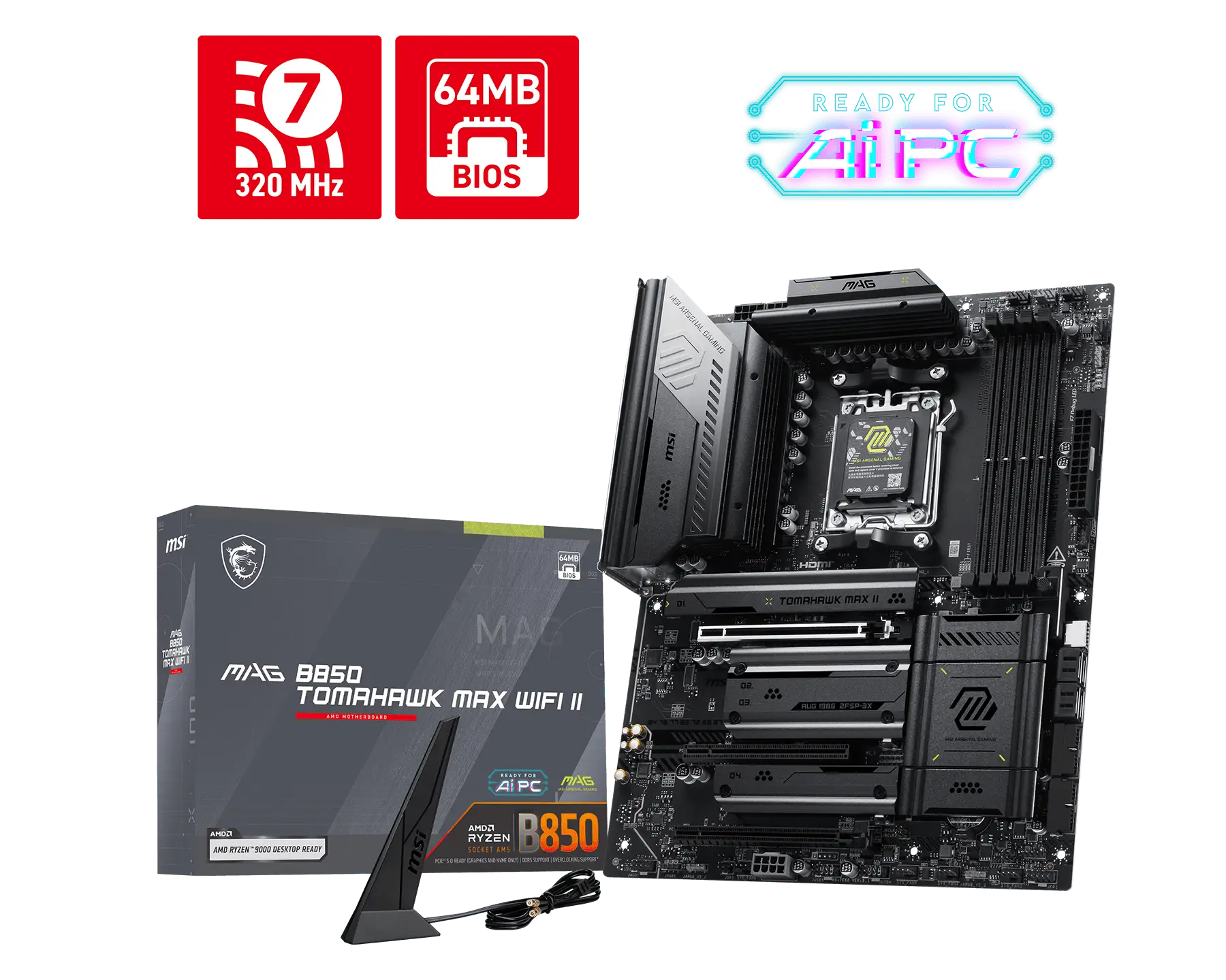 MSI MAG B850 TOMAHAWK MAX WIFI II | Processor family AMD | Processor socket AM5 | DDR5 | Supported hard disk drive interfaces SATA, M.2 | Number of SATA connectors 4