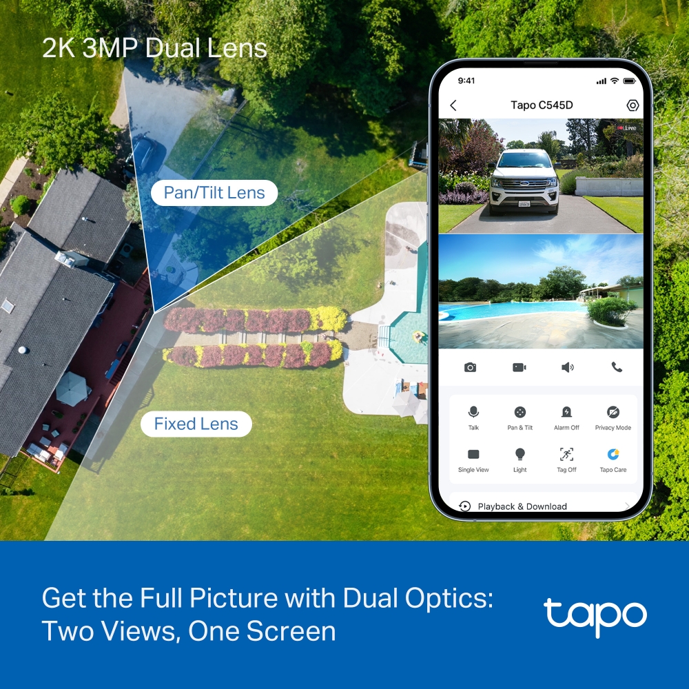 TP-LINK | Dual Lens Security Wi-Fi Camera | Tapo C545D | Dome | 3 MP | 6mm | IP66 | H.264 | MicroSD, up to 512 GB