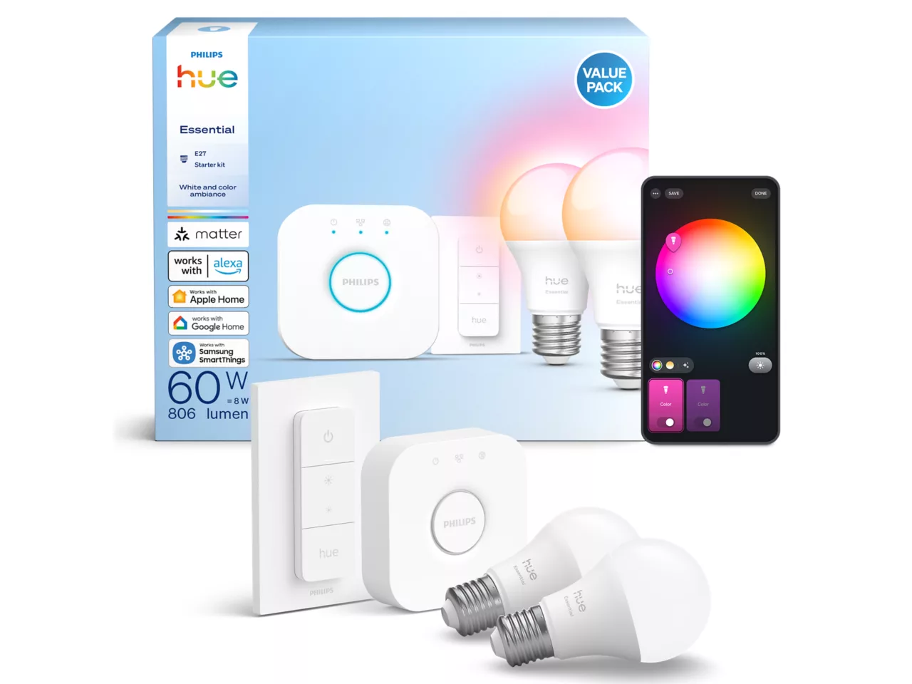 Philips Hue E WCA 806 A60 2kit SW EU | E27 | 8 W | 16 million colors, White and colored light