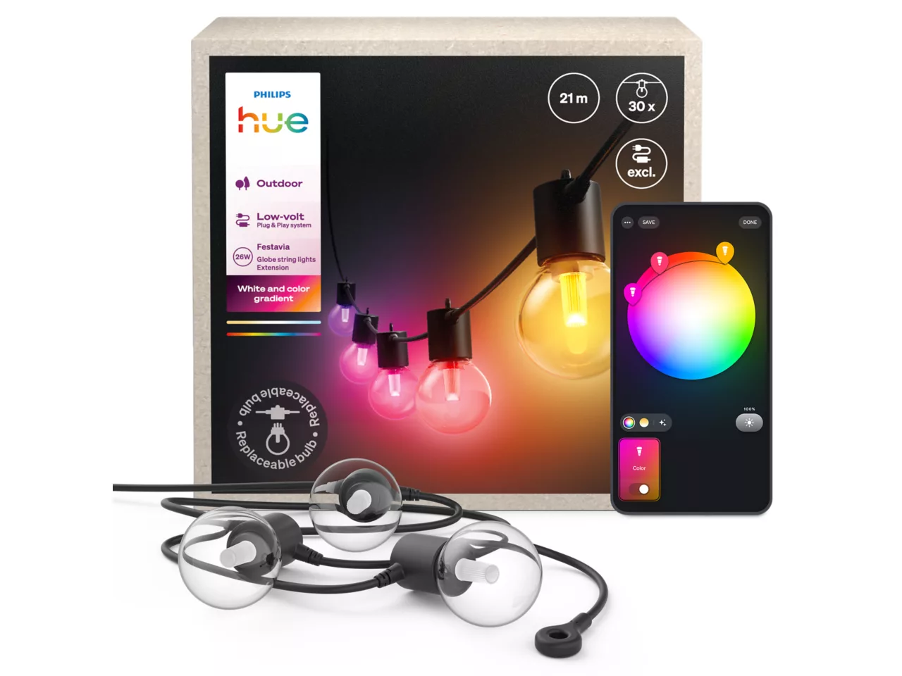 Philips Hue Hue Festavia Globe Outdoor String Lights, 21m Extension | 30 W