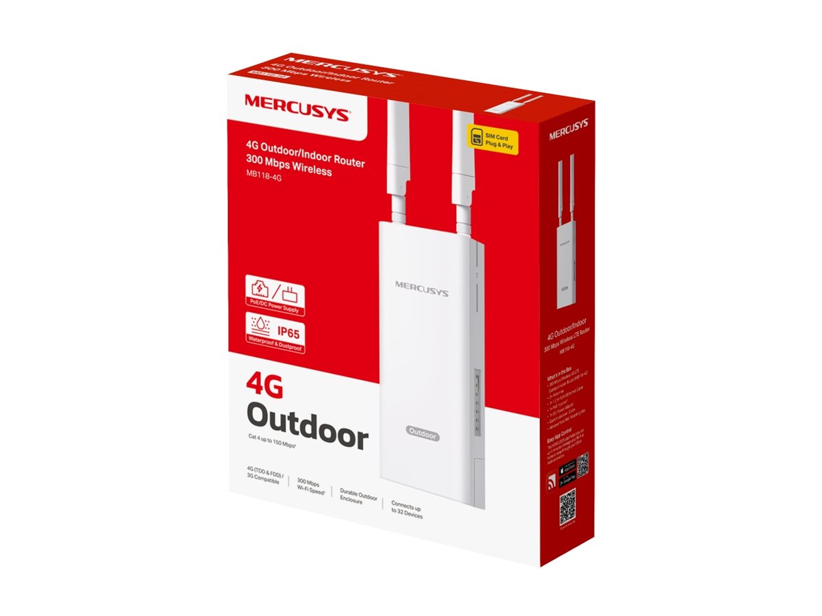 Mercusys MB118-4G | 300 Mbps Wireless 4G LTE Outdoor/Indoor Router | 802.11b | Ethernet LAN (RJ-45) ports 1 | Mesh Support No | 4G | MU-MiMO No | Antenna type Internal