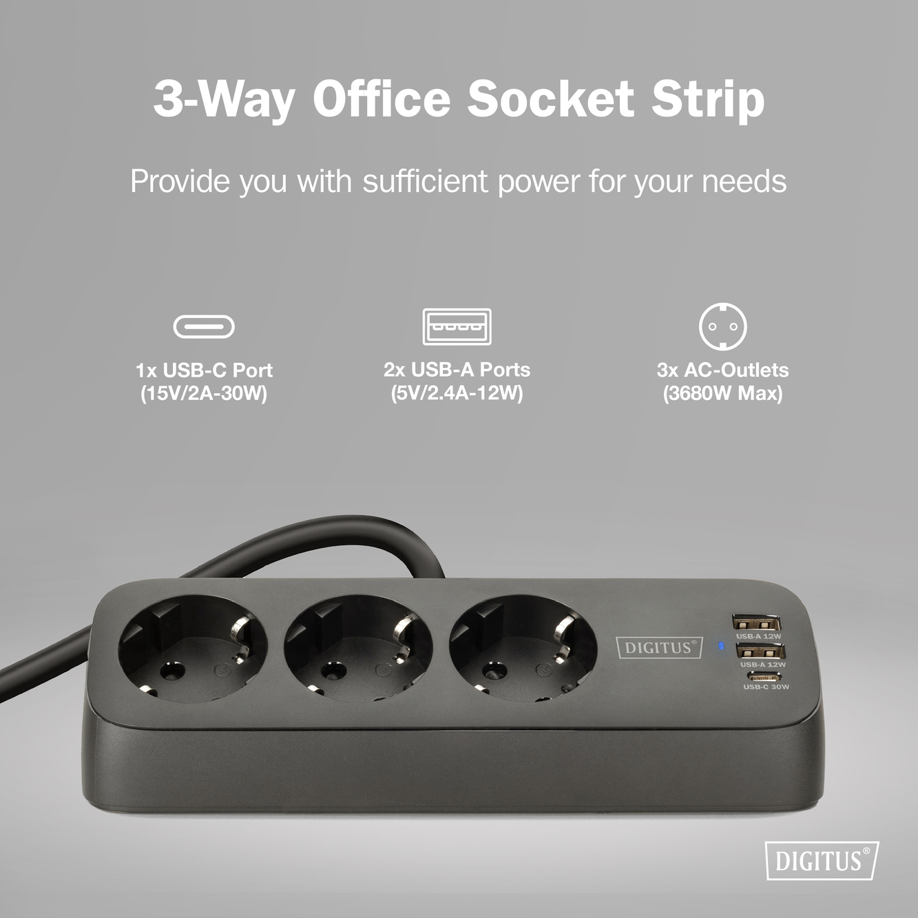 Digitus 3-way office socket strip with 2x USB-A and 1x USB-C connections | DA-70625