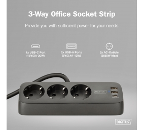 Digitus 3-way office socket strip with 2x USB-A and 1x USB-C connections | DA-70625